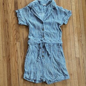 Faherty Izzy Striped Cotton Double Gauze Button-Up Romper in Sailing Stripe | M